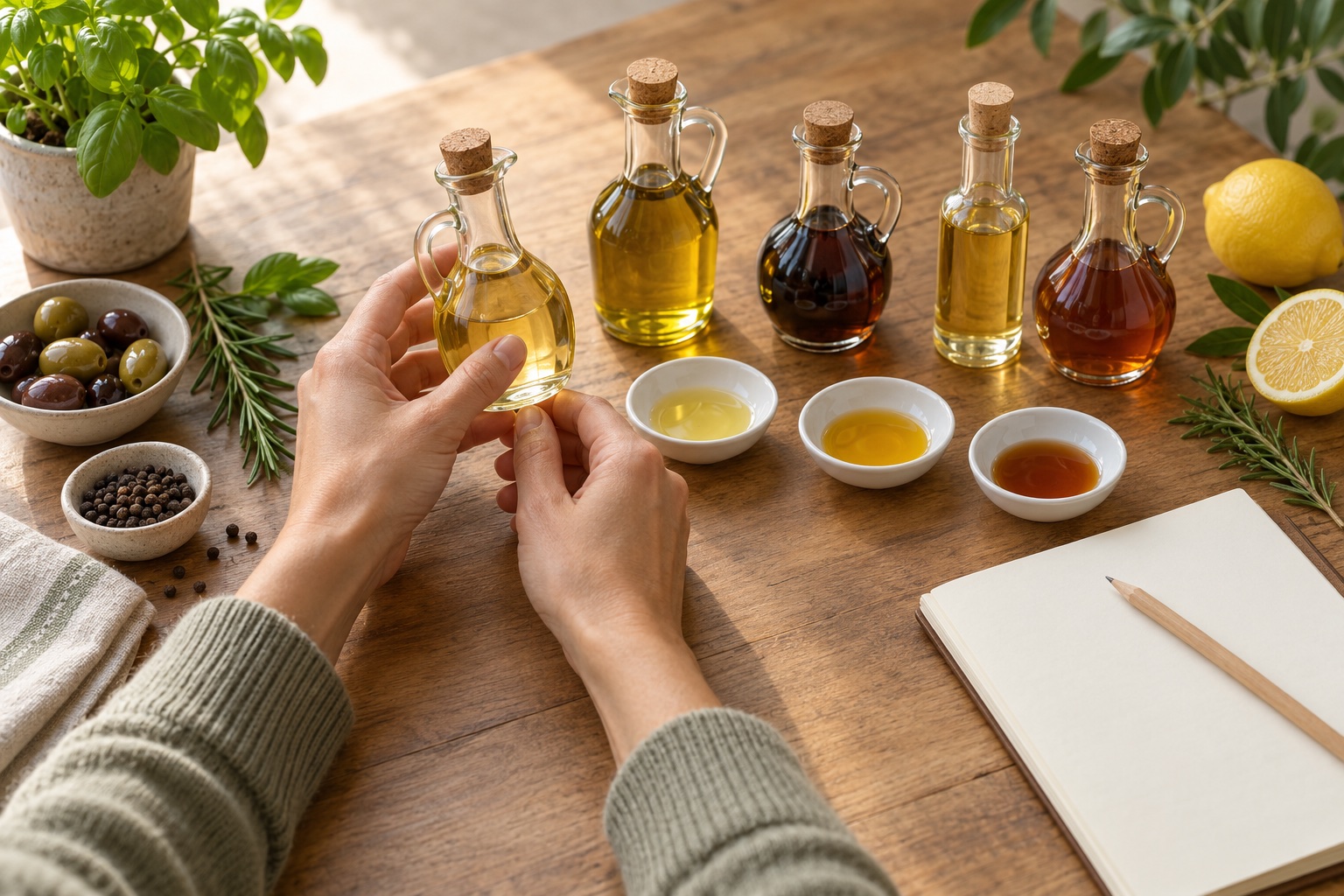 Hands comparing oils and vinegars with tasting dishes, herbs, lemon, and a notebook