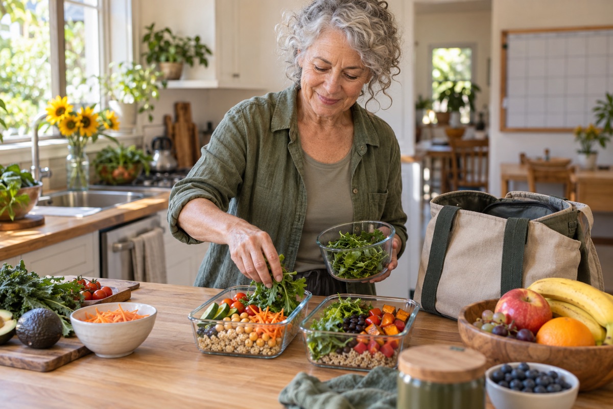 An older woman packing colorful plant-based meals for a busy day