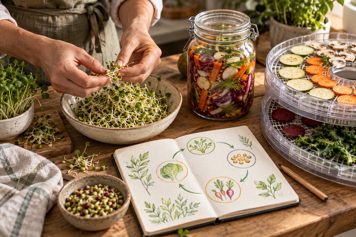 Hands practicing sprouting, fermentation, and dehydration skills in a plant-based kitchen