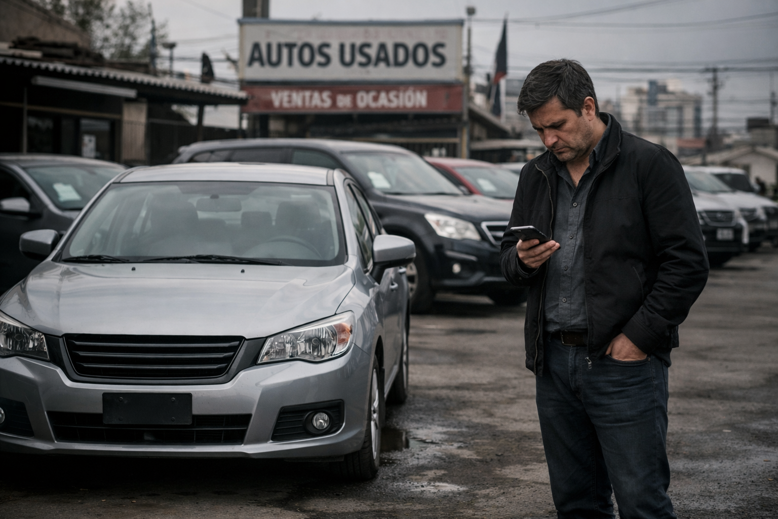 Dueño de automotora preocupado mirando el celular junto a un auto parado
