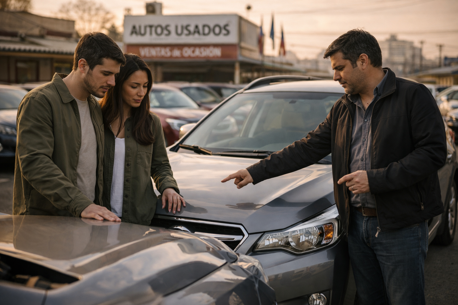 Cliente revisando un auto usado junto al vendedor en una automotora