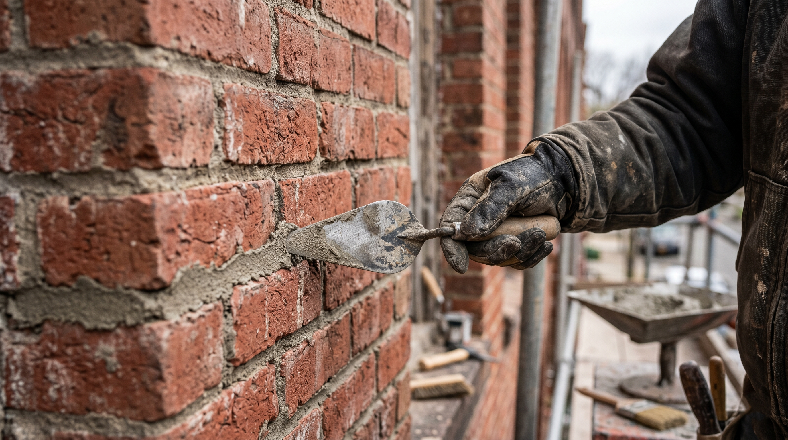 A commercial mason actively performing tuckpointing on a historic red brick building.
