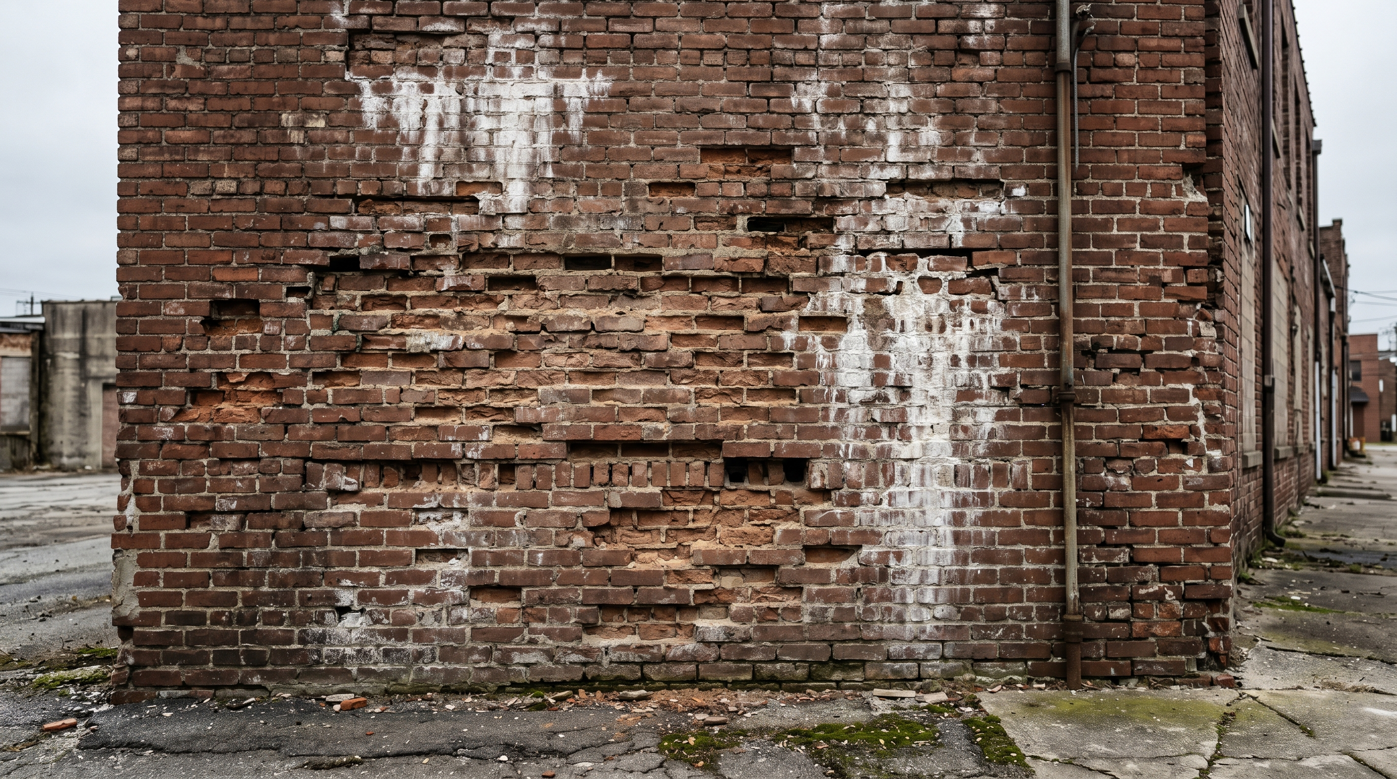 A deteriorated brick wall before restoration.
