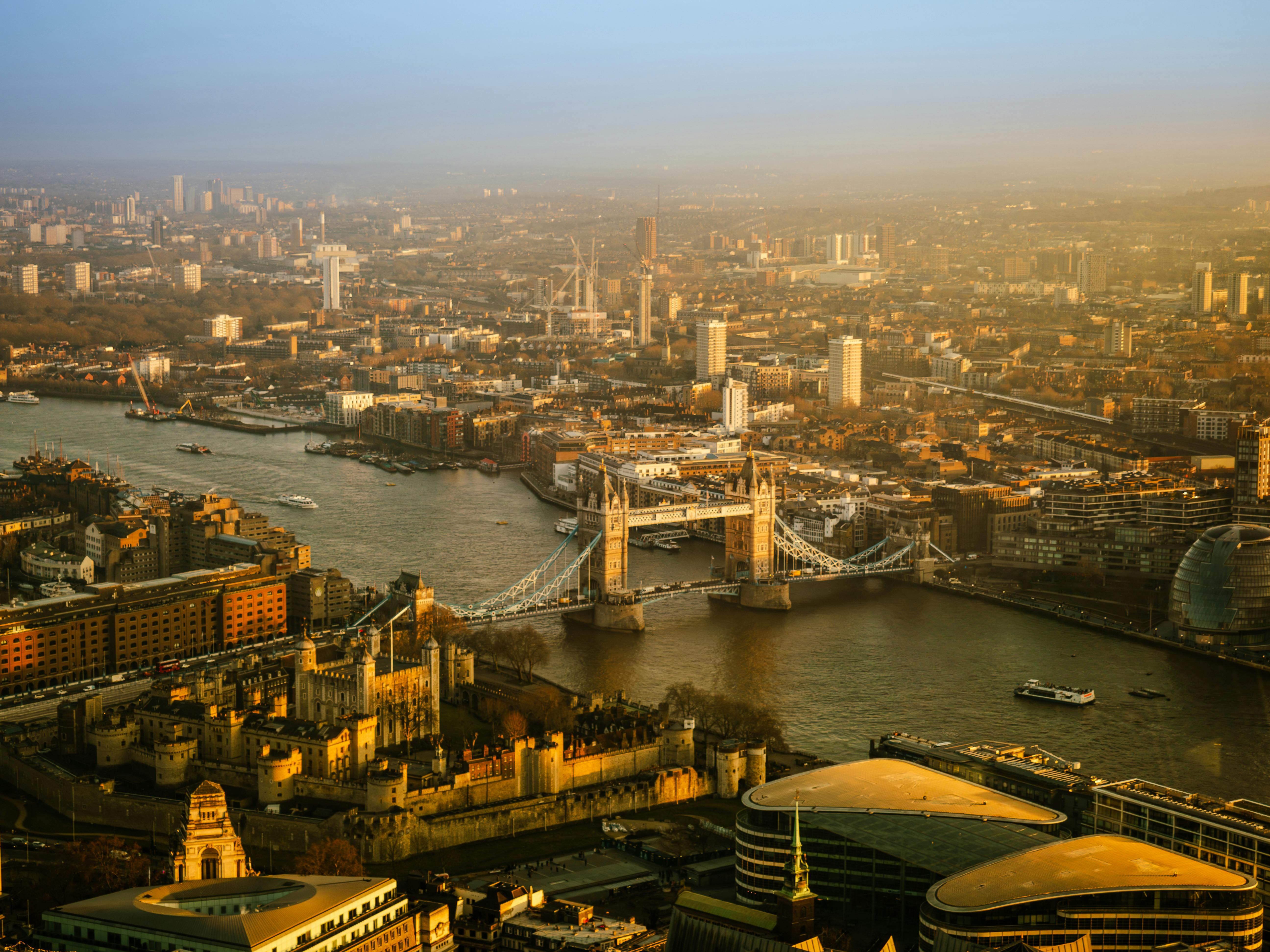 London skyline at sunset - Tower Bridge, Tower of London and the City