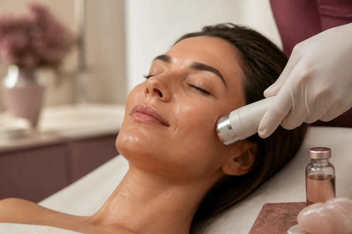 Client receiving a noninvasive facial device treatment