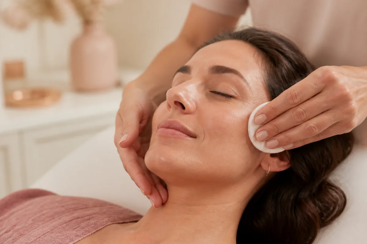 Client receiving a gentle facial cleansing treatment