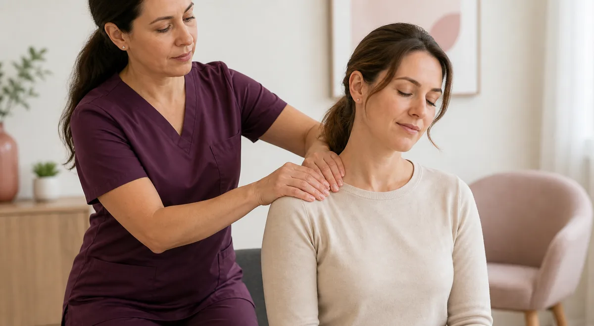 Fully clothed client receiving professional shoulder support