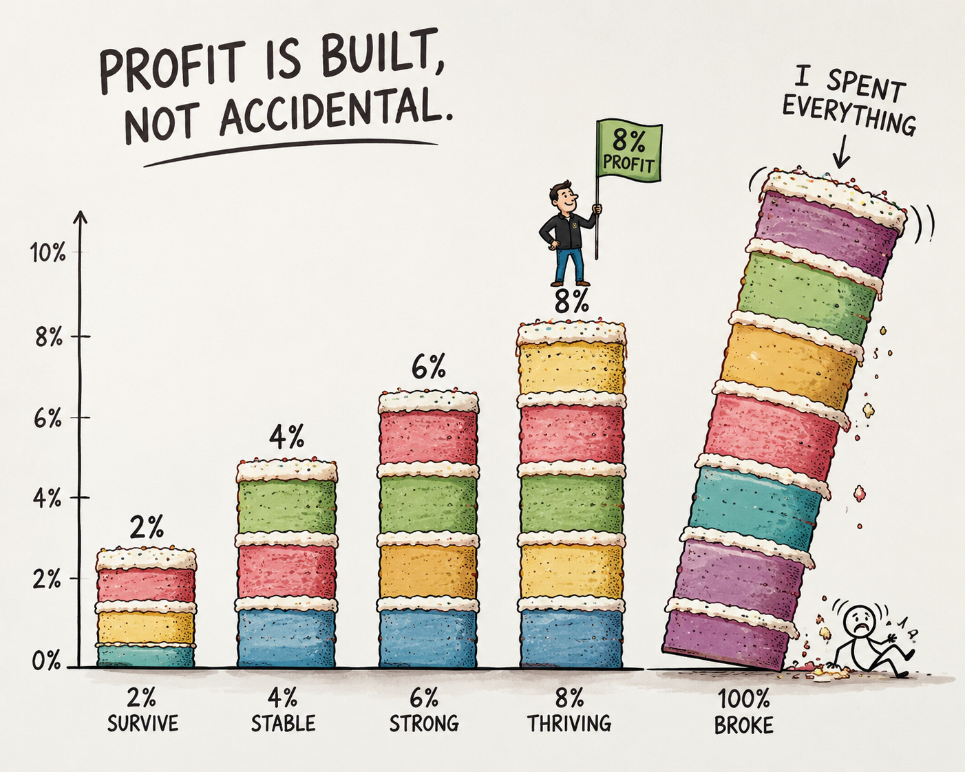 Bar chart showing a healthy 8 percent marketing spend, with a cartoon owner standing proudly on top and another figure toppling off an oversized overspending bar. Bar chart showing a healthy 8 percent marketing spend, with a cartoon owner standing proudly on top and another figure toppling off an oversized overspending bar.