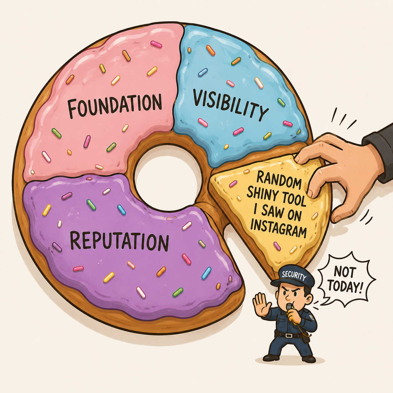 Donut chart split into Foundation, Visibility, and Reputation, with a hand being stopped from grabbing a fourth slice labeled random shiny tool. Donut chart split into Foundation, Visibility, and Reputation, with a hand being stopped from grabbing a fourth slice labeled random shiny tool.