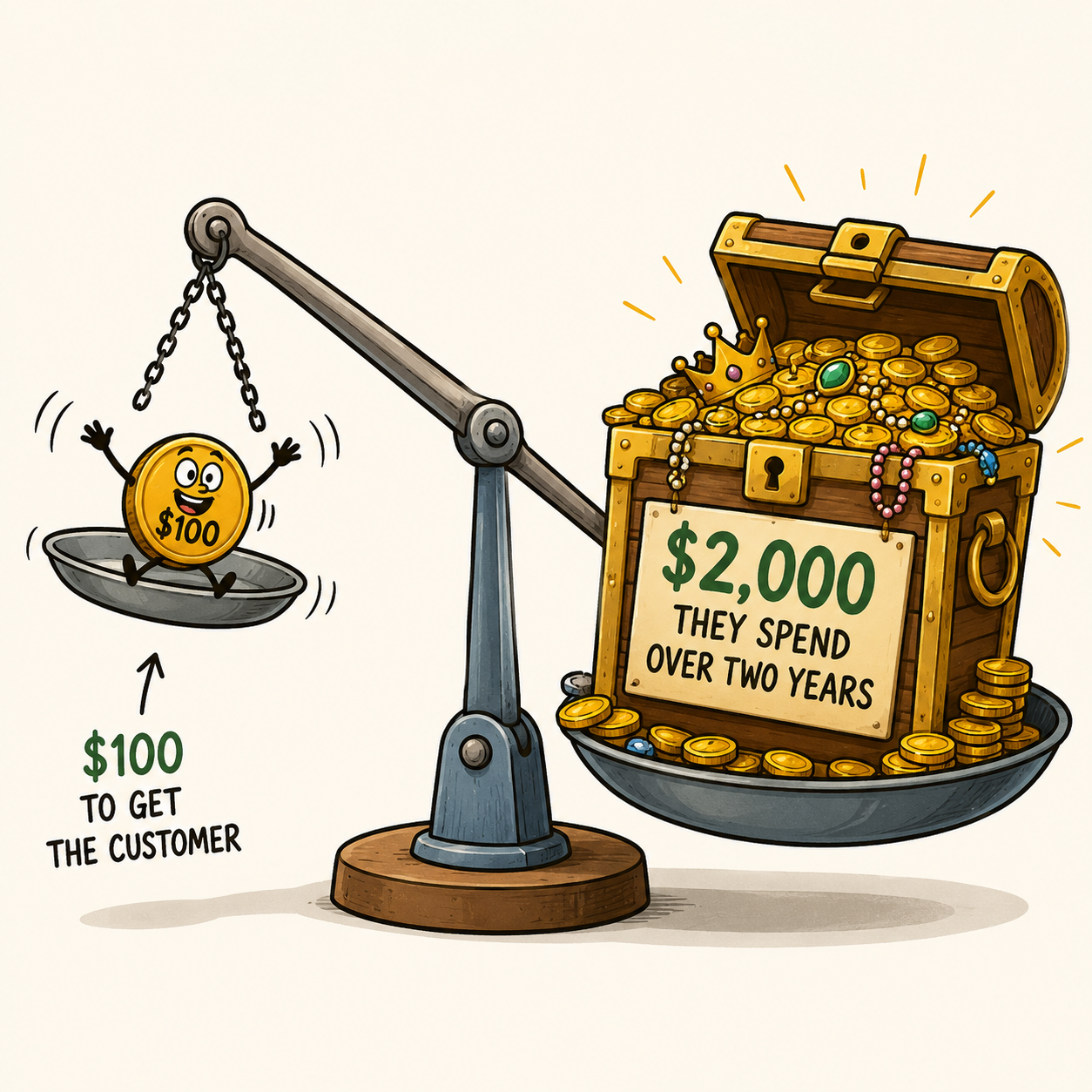 Balance scale with a small 100 dollar coin on one side and an overflowing 2,000 dollar treasure chest on the other, tipping toward the treasure. Balance scale with a small 100 dollar coin on one side and an overflowing 2,000 dollar treasure chest on the other, tipping toward the treasure.