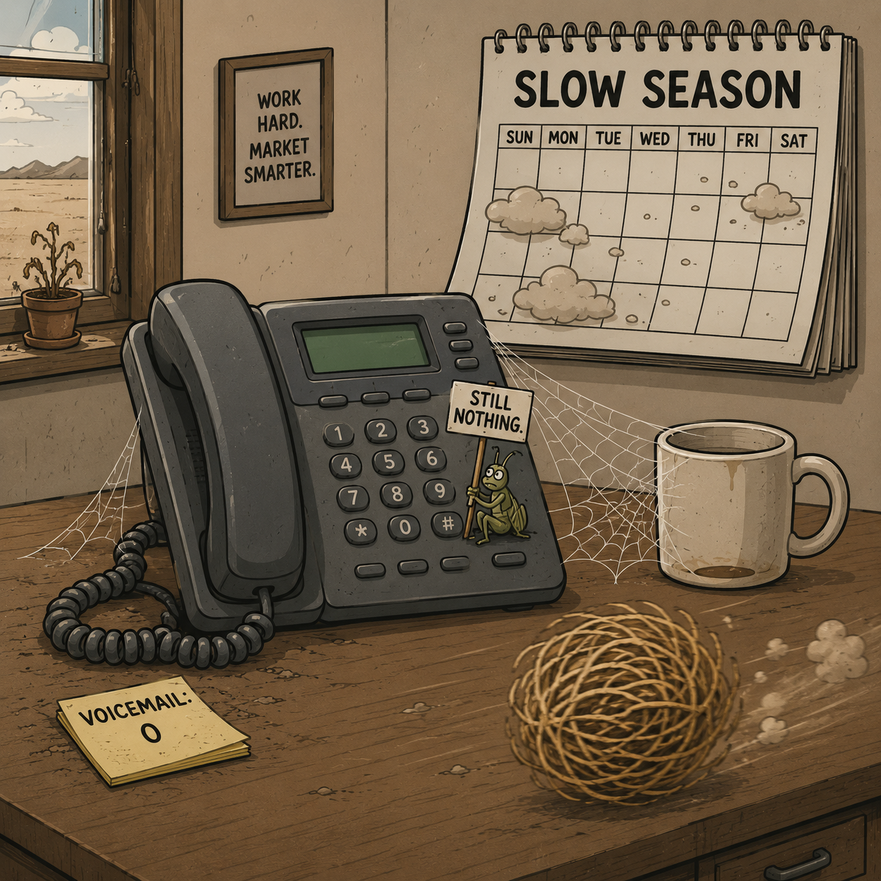 A silent business phone covered in cobwebs with a tumbleweed rolling past and a cricket holding a sign reading still nothing. A silent business phone covered in cobwebs with a tumbleweed rolling past and a cricket holding a sign reading still nothing.