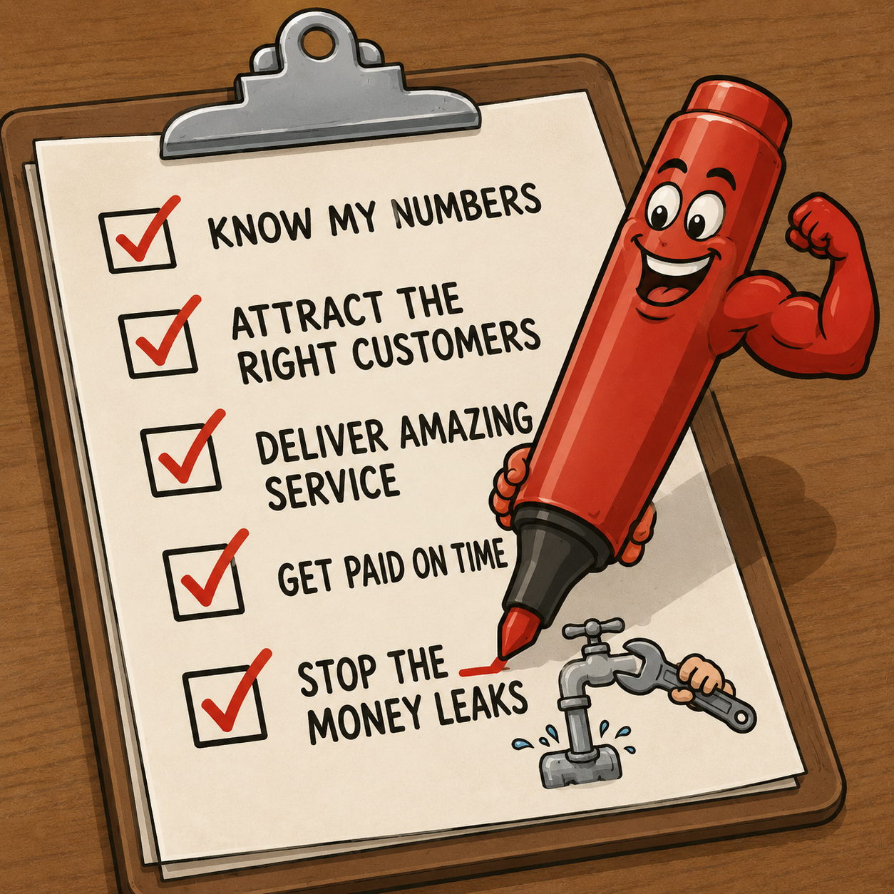 Checklist on a clipboard being checked off by a flexing cartoon marker, with the final item stop the money leaks beside a faucet being shut off. Checklist on a clipboard being checked off by a flexing cartoon marker, with the final item stop the money leaks beside a faucet being shut off.
