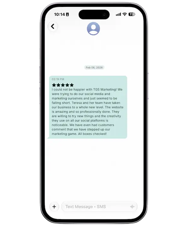 Another format of the 5-star review from Gloria Willis praising TGS Marketing's creativity