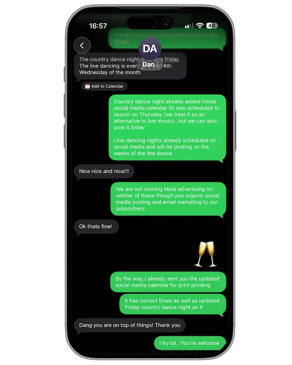 TGS Marketing client review screenshot from text message