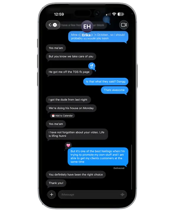 TGS Marketing client review screenshot from imessage