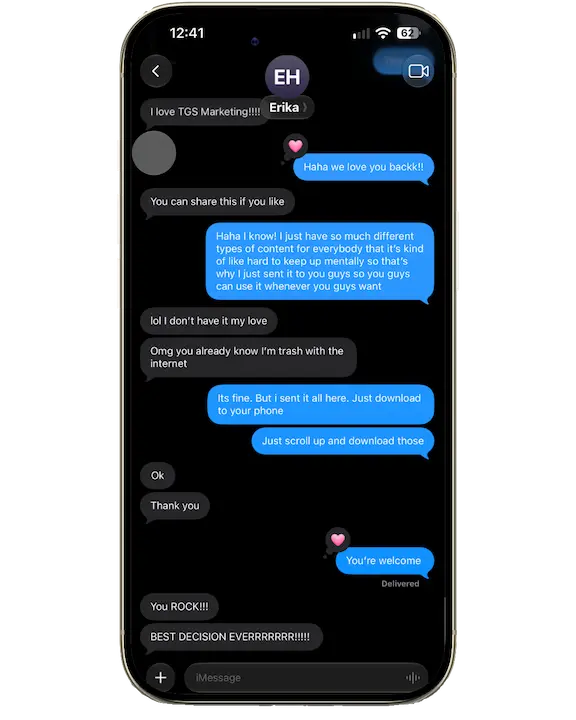 iMessage conversation with Erika calling TGS Marketing the best decision ever