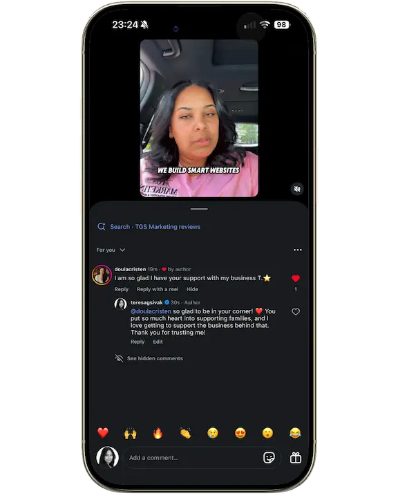Instagram comment exchange with doulacristen thanking Teresa G. Sivak for supporting her business