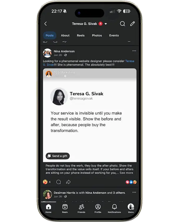 Facebook post from Nina Anderson recommending Teresa G. Sivak as a phenomenal website designer