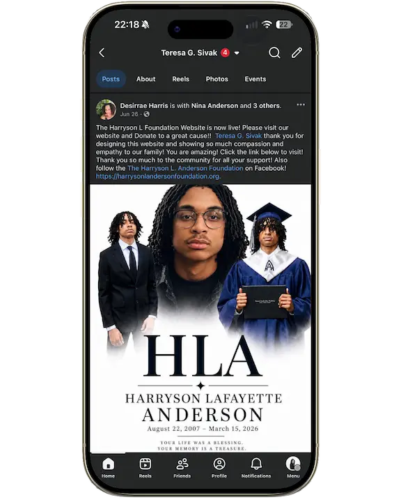Facebook post from Desirrae Harris thanking Teresa G. Sivak for building The Harryson L. Anderson Foundation memorial website