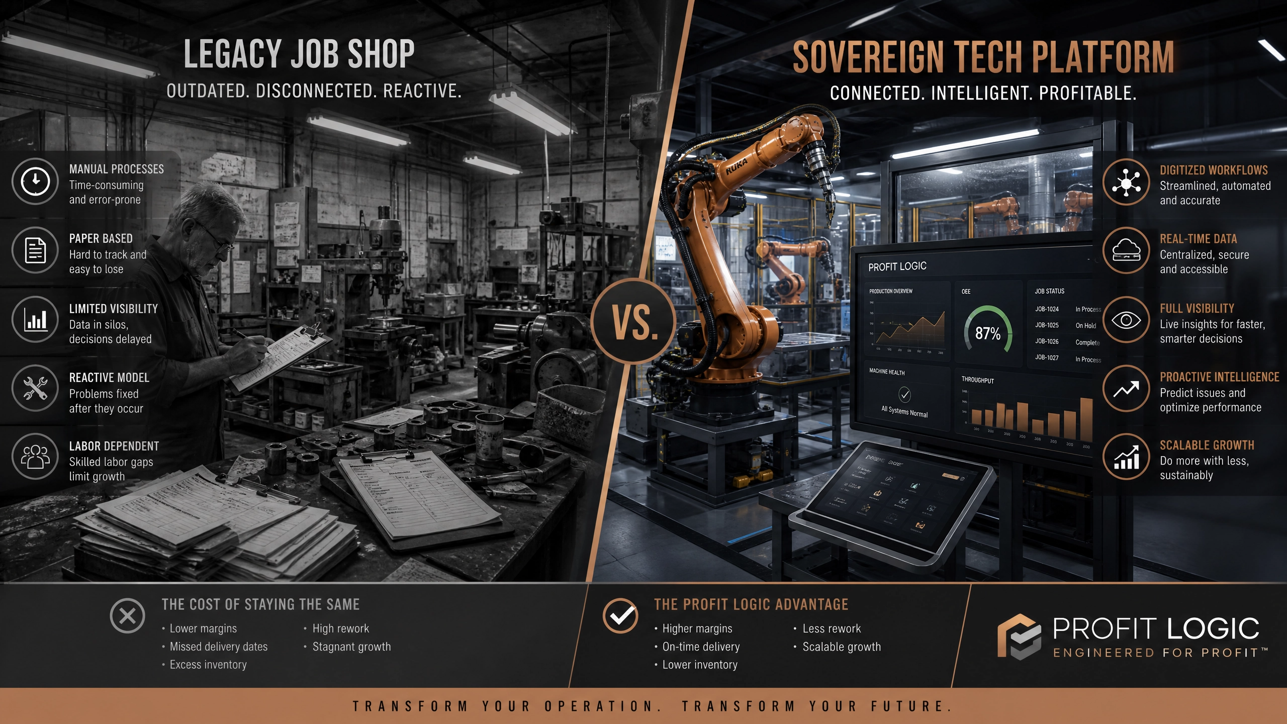 Comparative visual showing the structural divide between a manual job shop and an automated manufacturing technology platform Comparative visual showing the structural divide between a manual job shop and an automated manufacturing technology platform