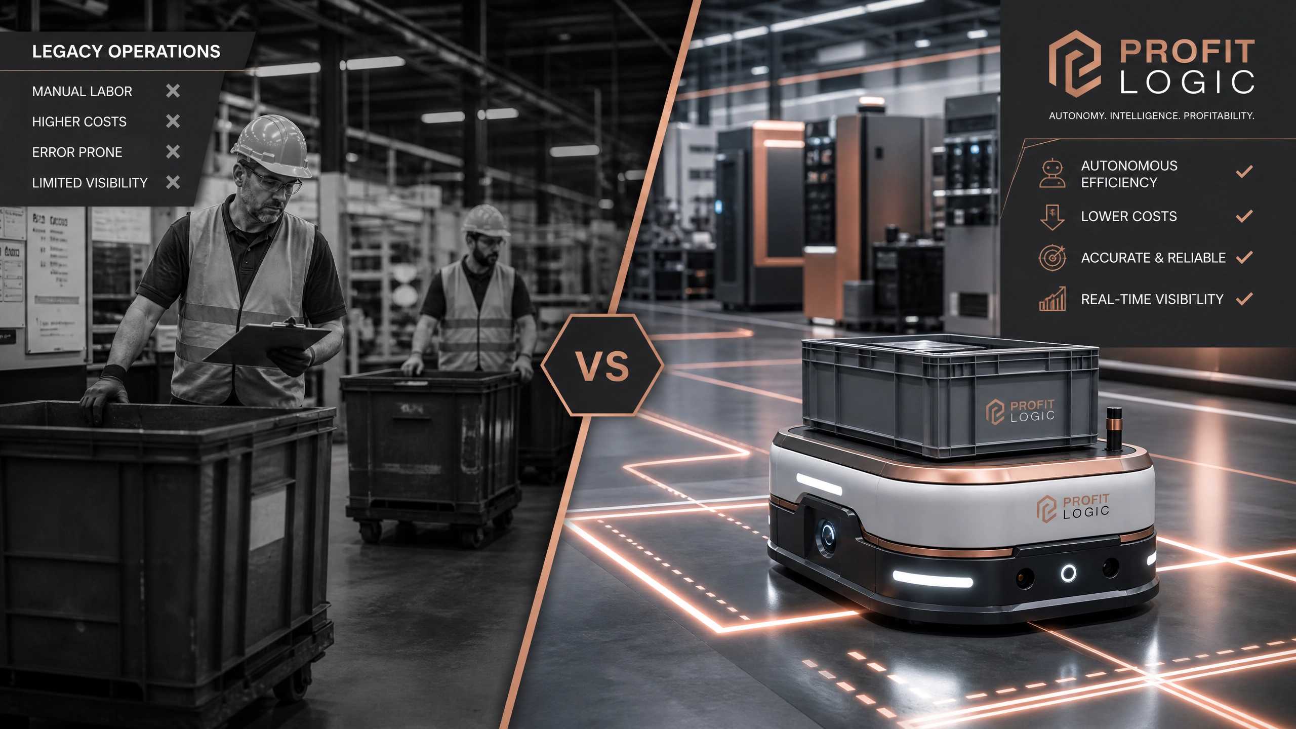 Comparative infographic contrasting manual materials handling with a vision-guided autonomous mobile robot fleet. Comparative infographic contrasting manual materials handling with a vision-guided autonomous mobile robot fleet.