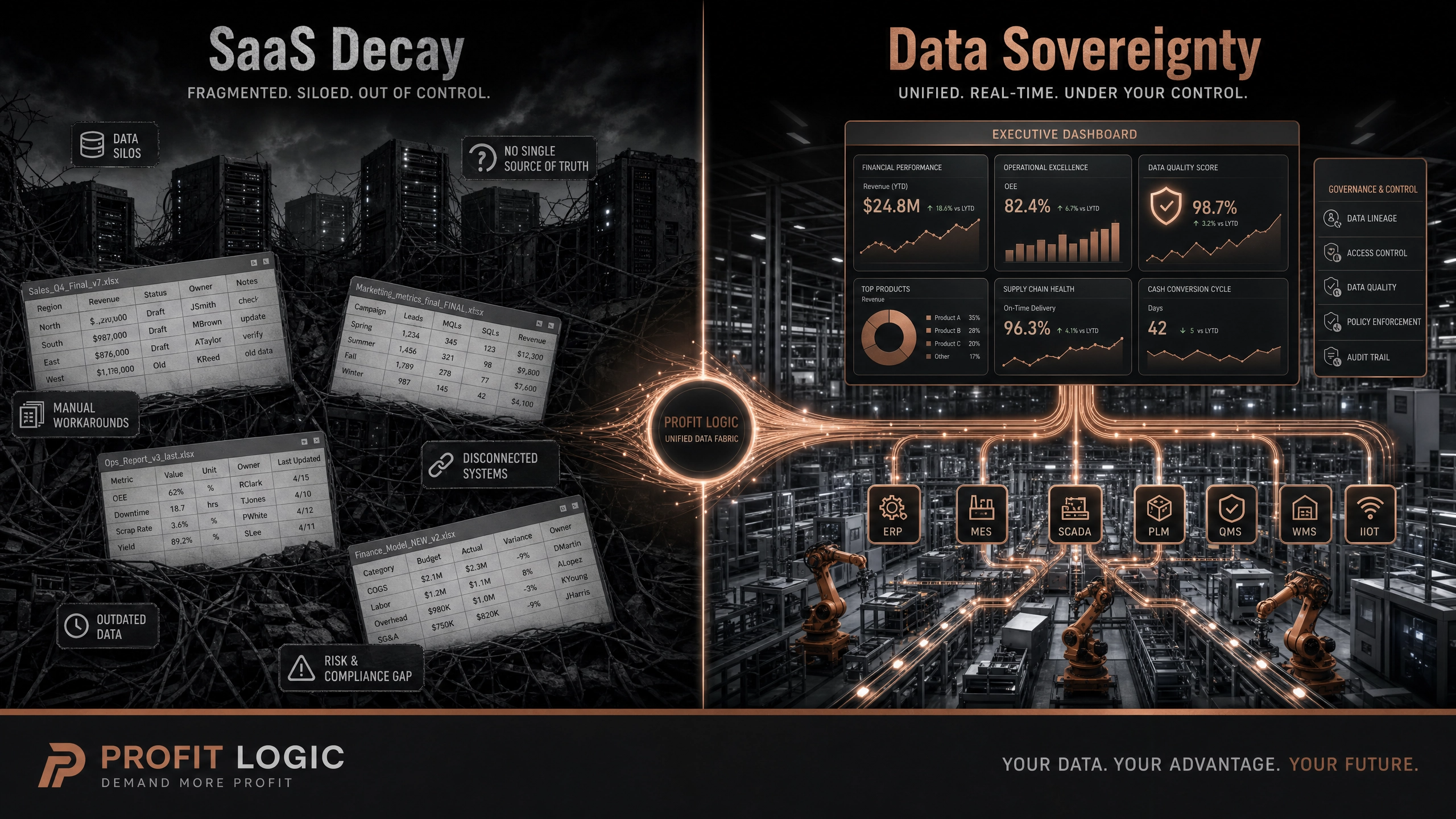 Infographic displaying the financial drain of unlinked operational software versus a unified data engine. Infographic displaying the financial drain of unlinked operational software versus a unified data engine.