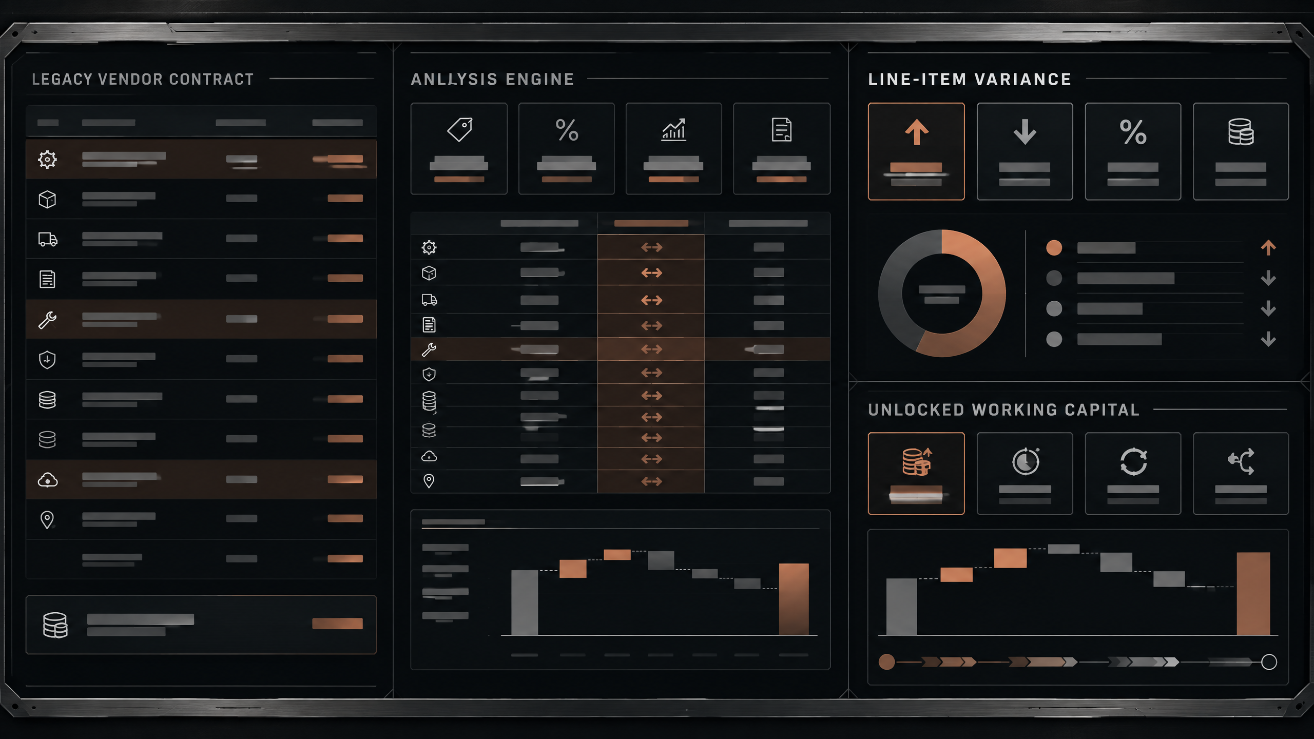 Financial dashboard displaying contract line-item audit and liberated capital metrics.
