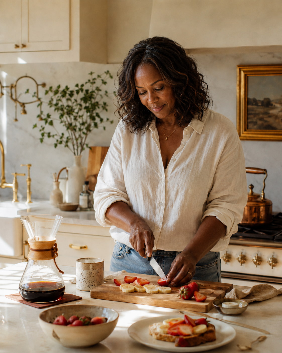 Woman preparing a fresh breakfast in a sunlit kitchen