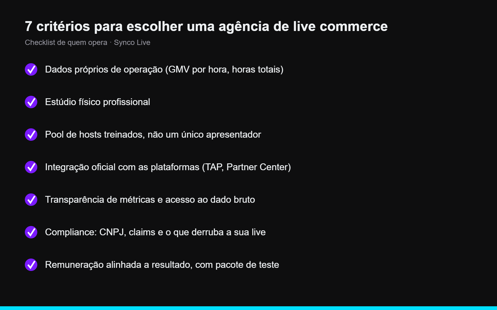 Checklist: 7 critérios para escolher uma agência de live commerce, Synco Live