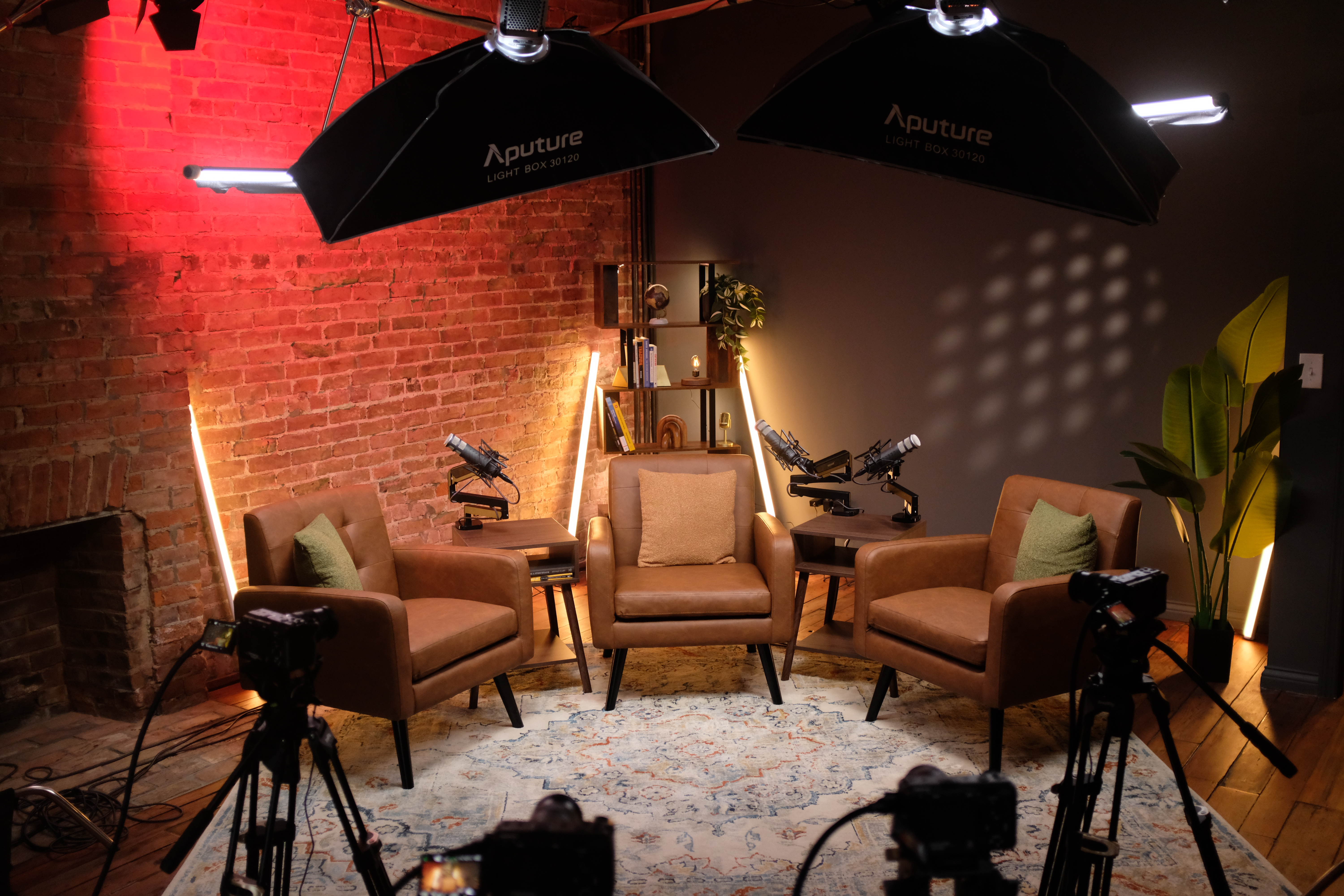 Studio wide shot with seating and cameras