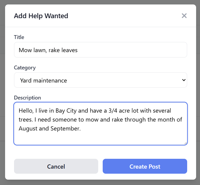 Commonweave Add Help Wanted form for a local yard maintenance job