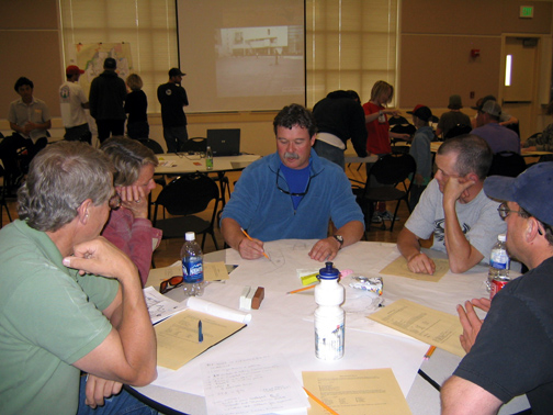 Adults working together around a table on skatepark plans