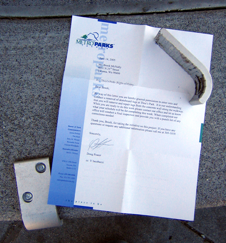 Letter from Metro Parks granting permission to remove skateboard deterrents