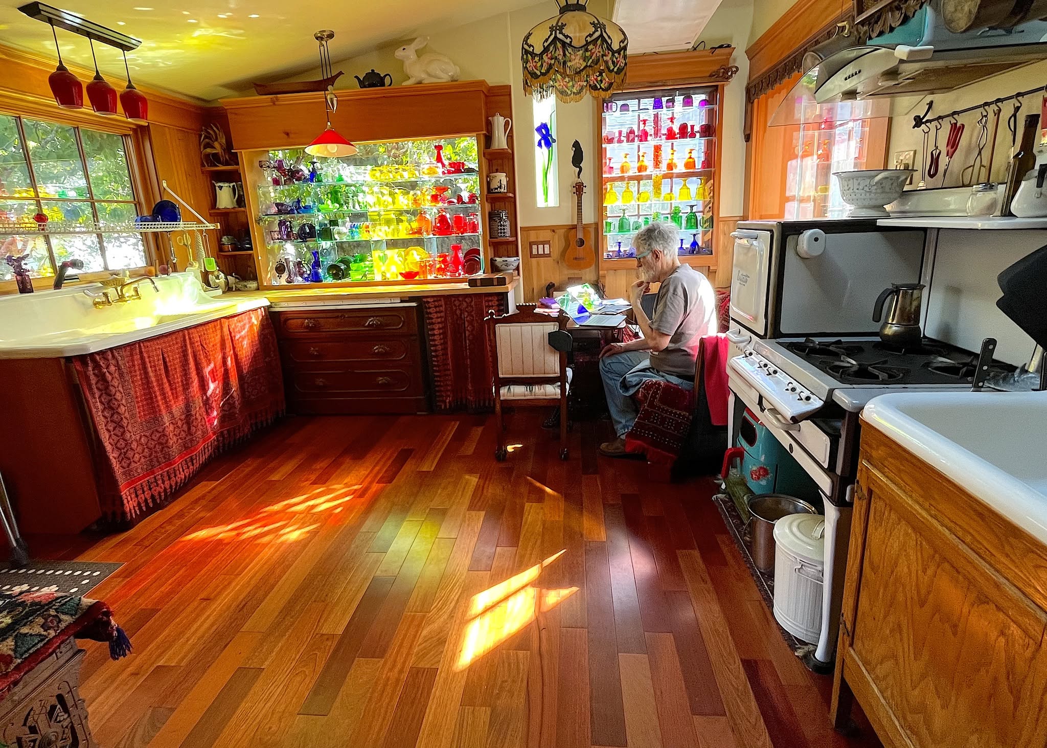 A colorful lived-in kitchen