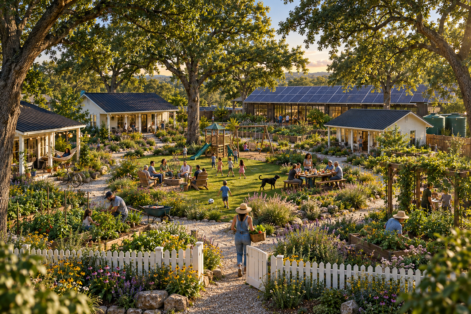 Conceptual Bene Esse community in Elgin Texas with private homes and shared gardens