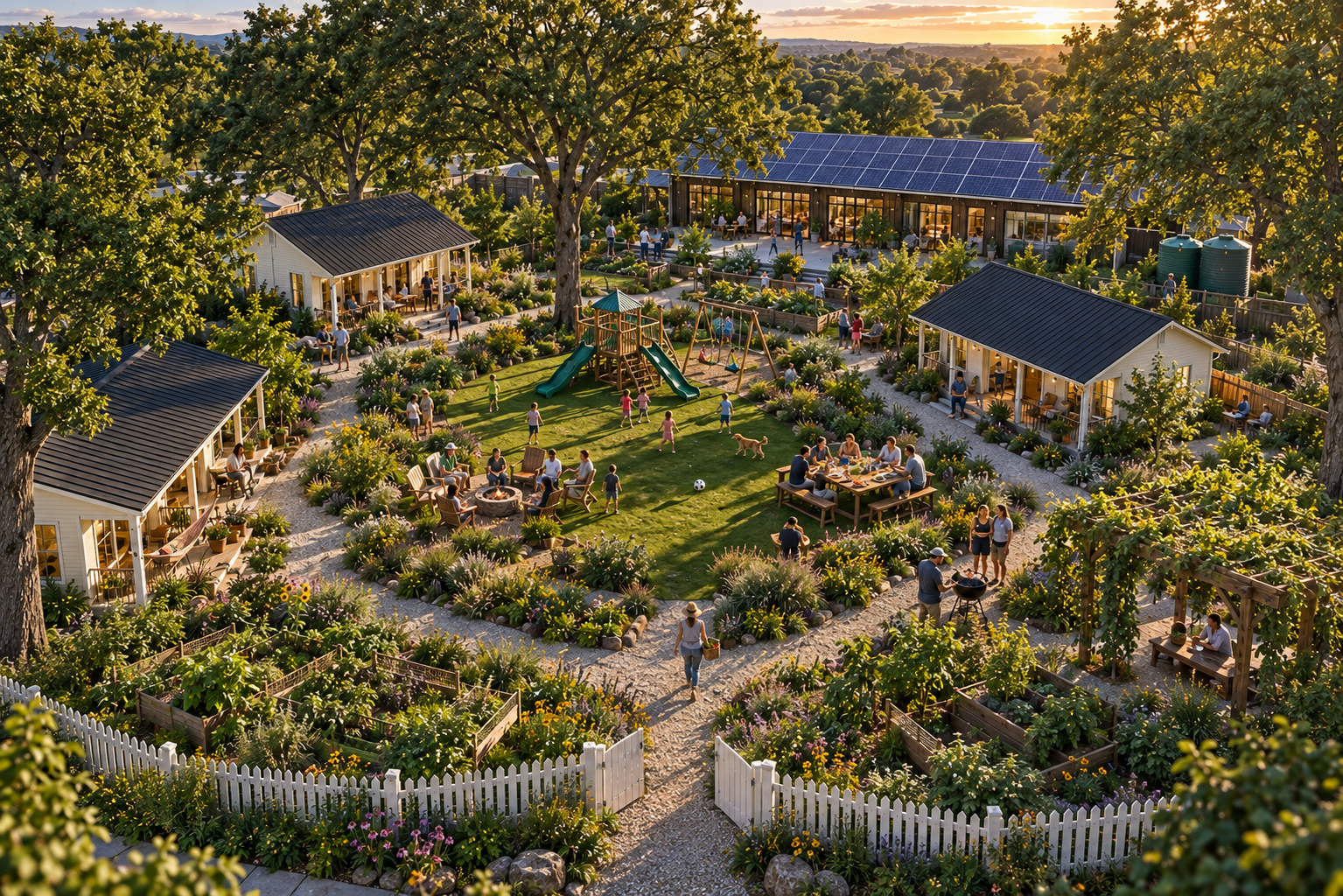 Human-scale concept rendering of clustered homes, gardens, children, elders and shared community space