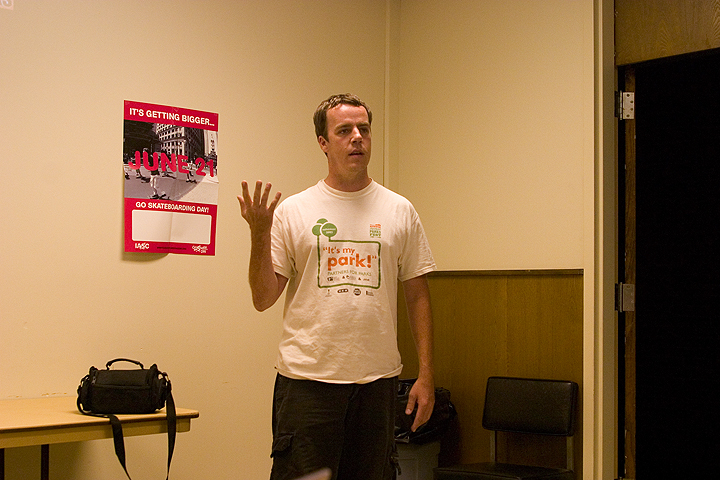 Seth Johnson speaking at a Skaters for Public Skateparks summit in 2006