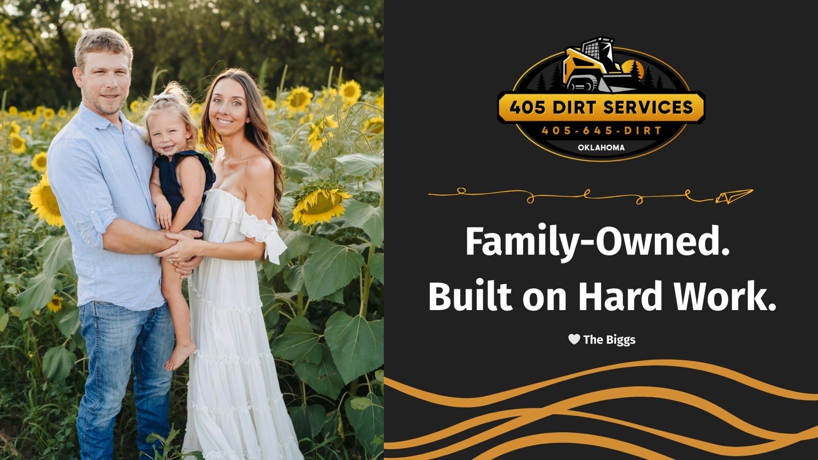 Family-owned 405 Dirt Services team standing in sunflower field in Oklahoma, built on hard work and local values.