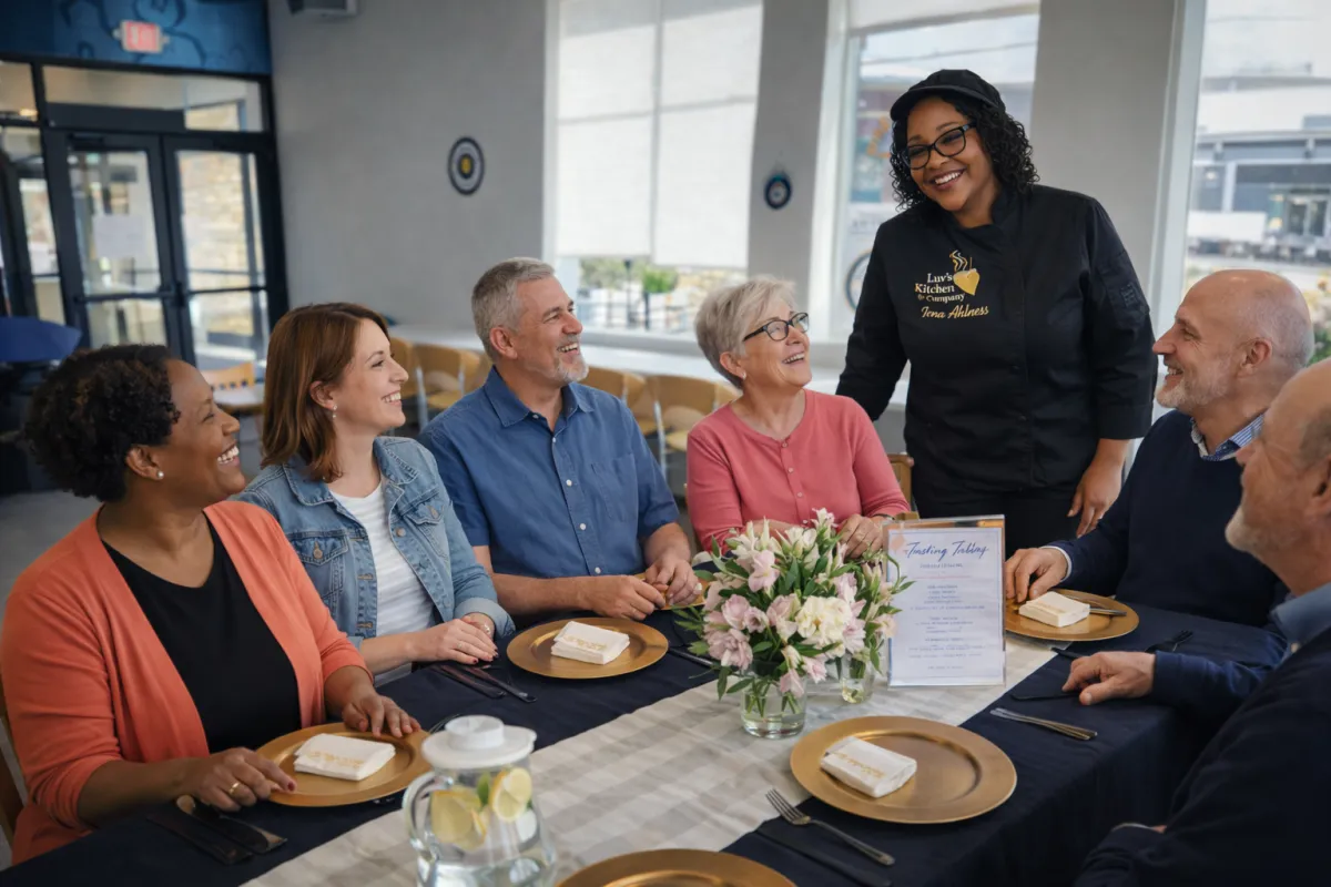 Tena Ahlness in her chef's coat, smiling with guests around a formally set dining table