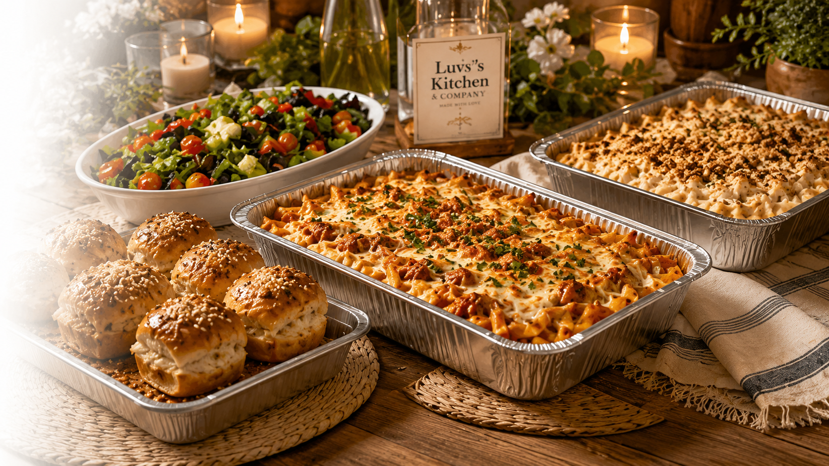 Catering trays of sliders, baked pasta, and salad arranged for a gathering