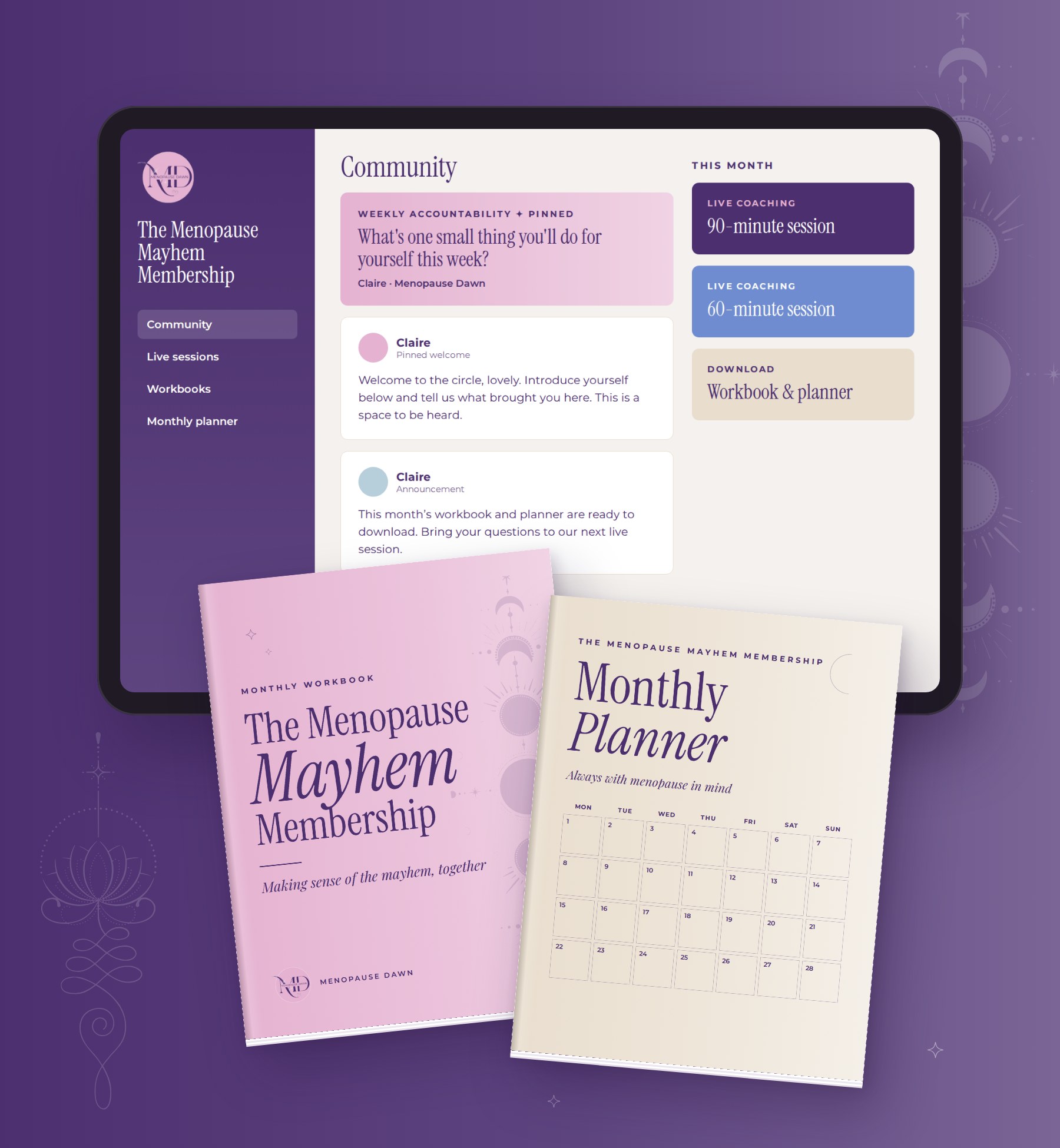 The Menopause Mayhem Membership community on a tablet, with the monthly workbook and planner