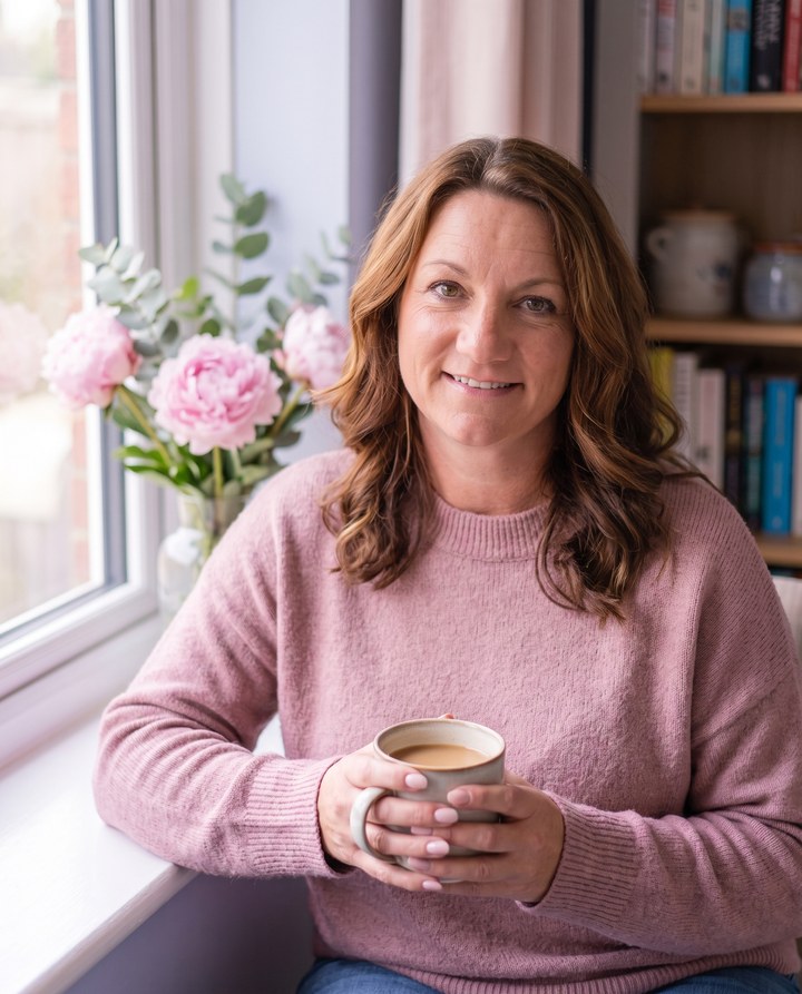 Claire sitting by a window with a cup of coffee and pink peonies