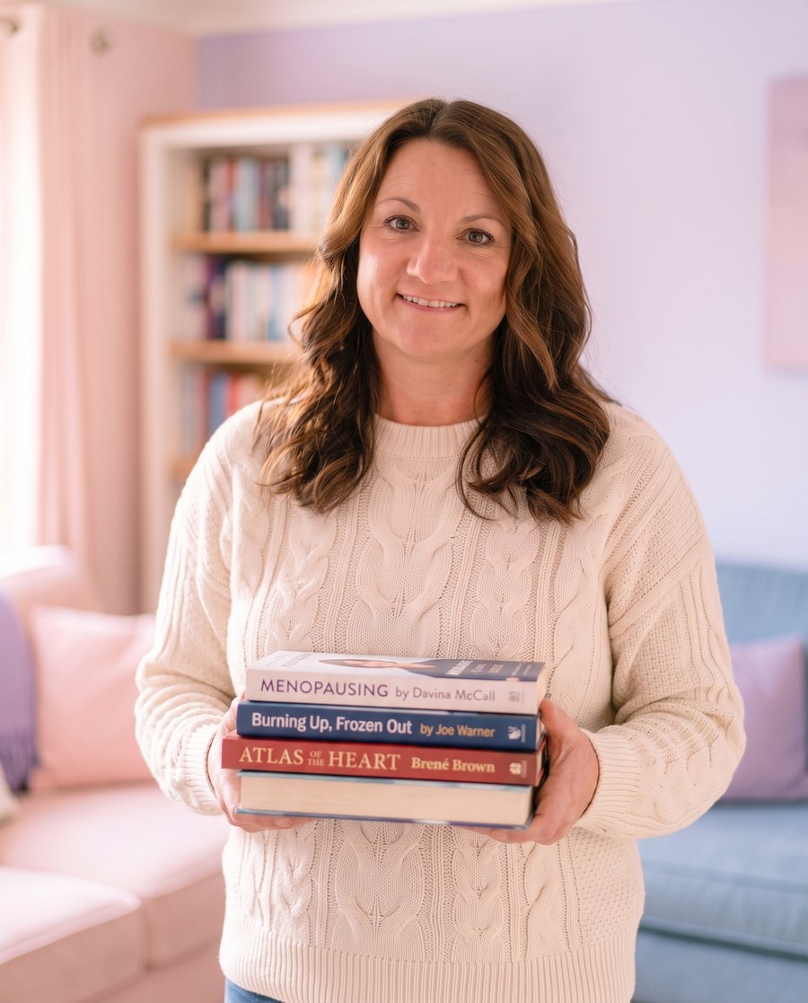Claire smiling and holding a stack of menopause and wellbeing books