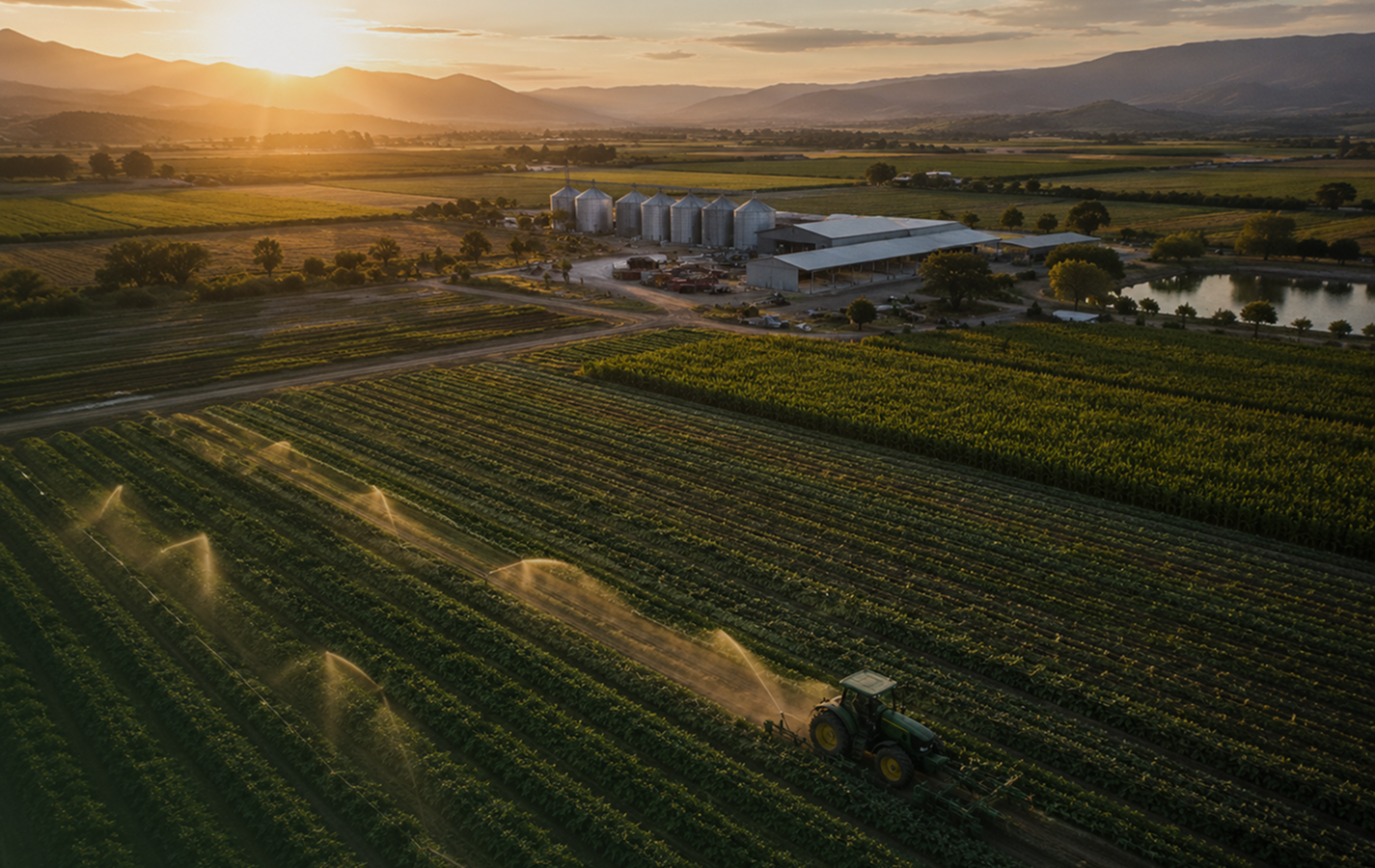 Campo agrícola mexicano al atardecer con surcos de cultivo