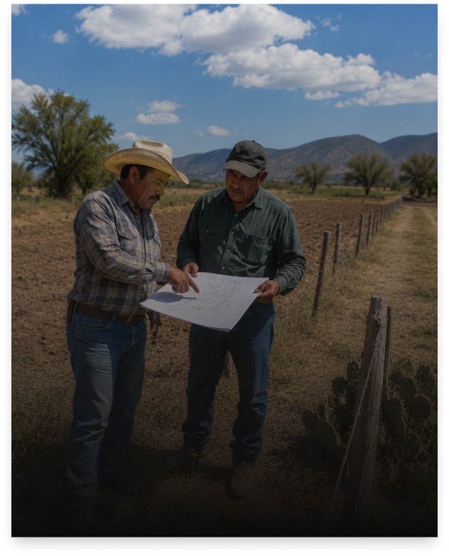 Personas revisando documentos en terreno rural