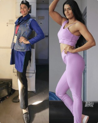 Sneha Belani in her Air India uniform and in training wear