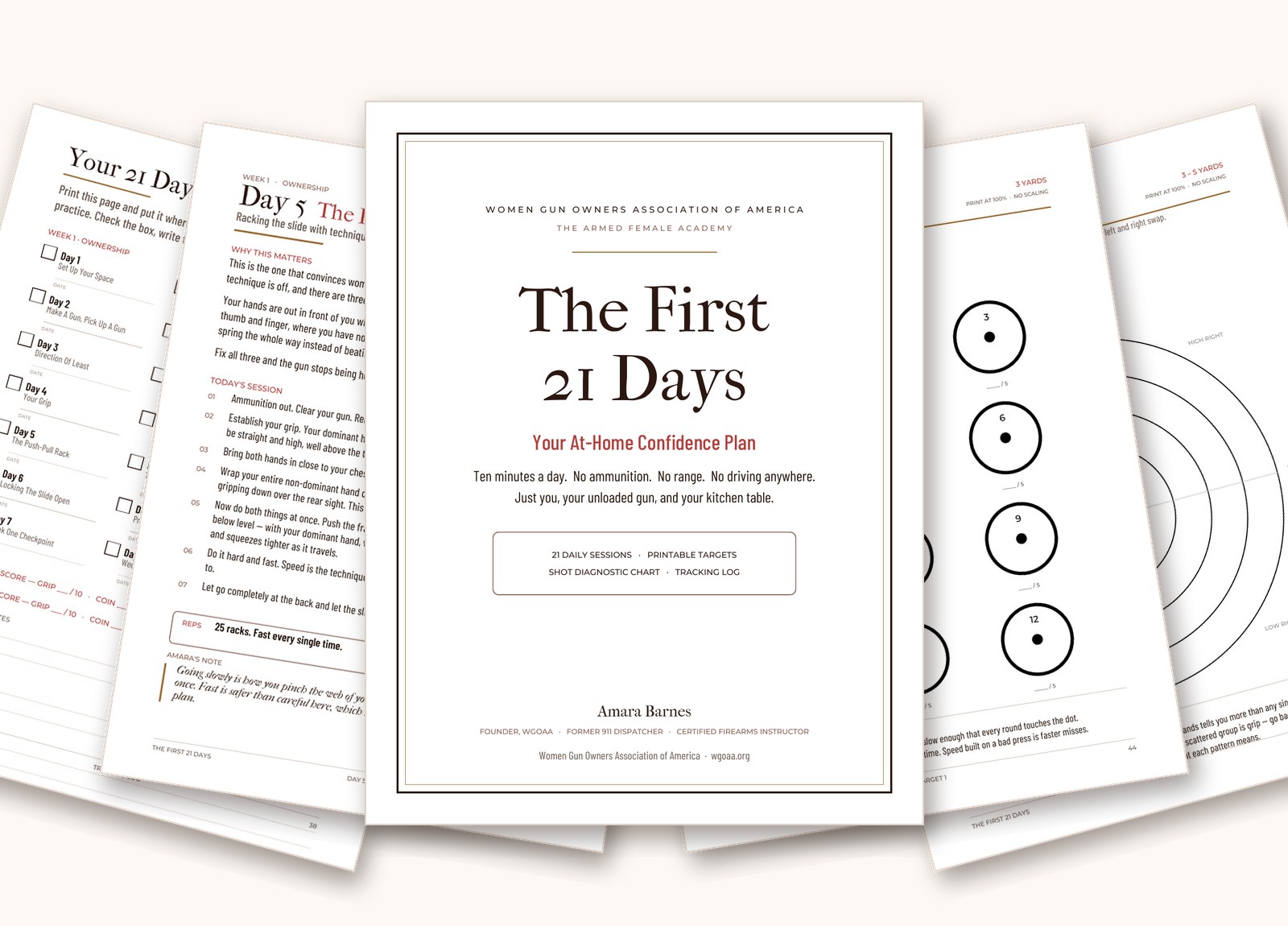 The First 21 Days workbook cover with daily session pages and printable targets