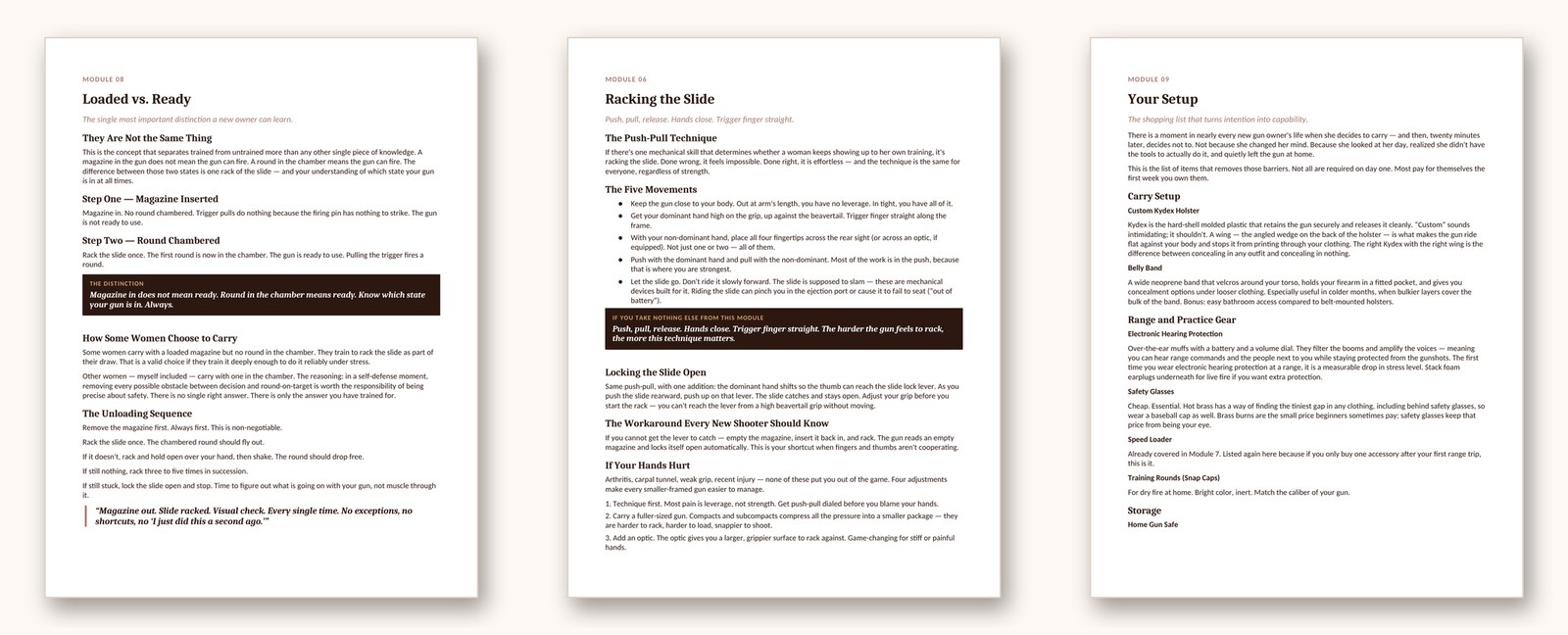 Inside pages: Loaded vs. Ready, Racking the Slide, Your Setup