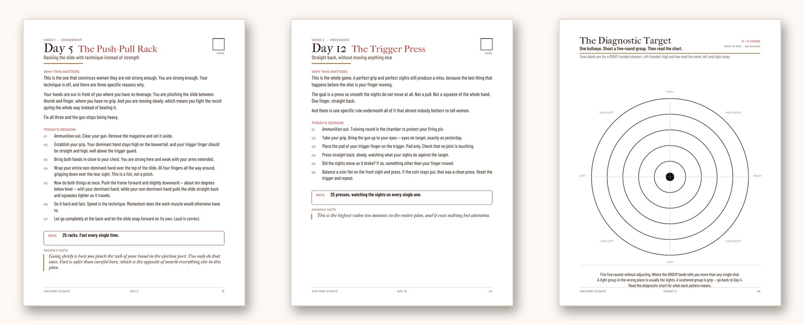 Inside pages: Day 5 Push-Pull Rack, Day 12 Trigger Press, Diagnostic Target
