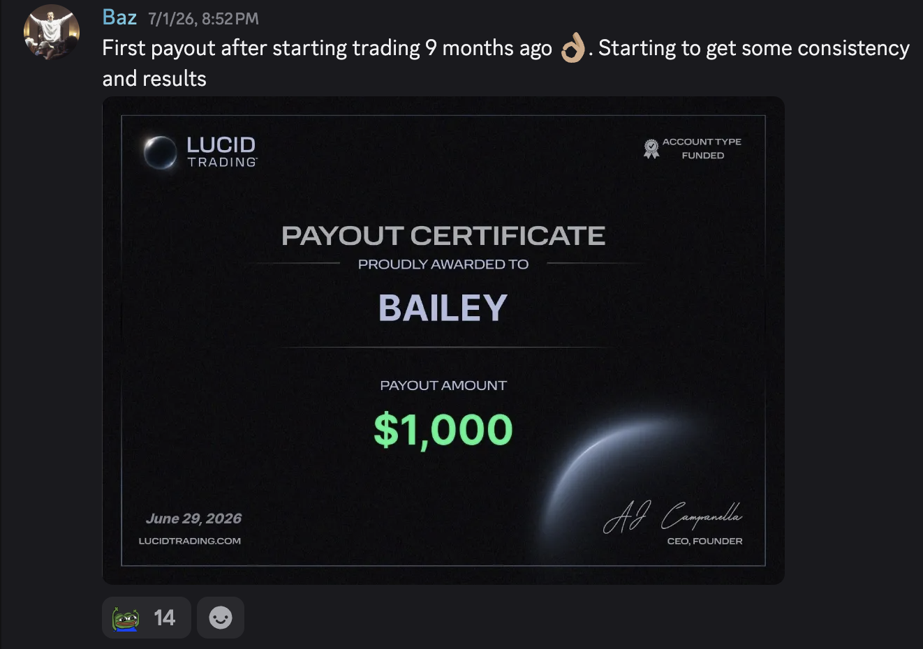 Discord post from student Baz: first payout after 9 months — $1,000 Lucid Trading funded-account payout certificate